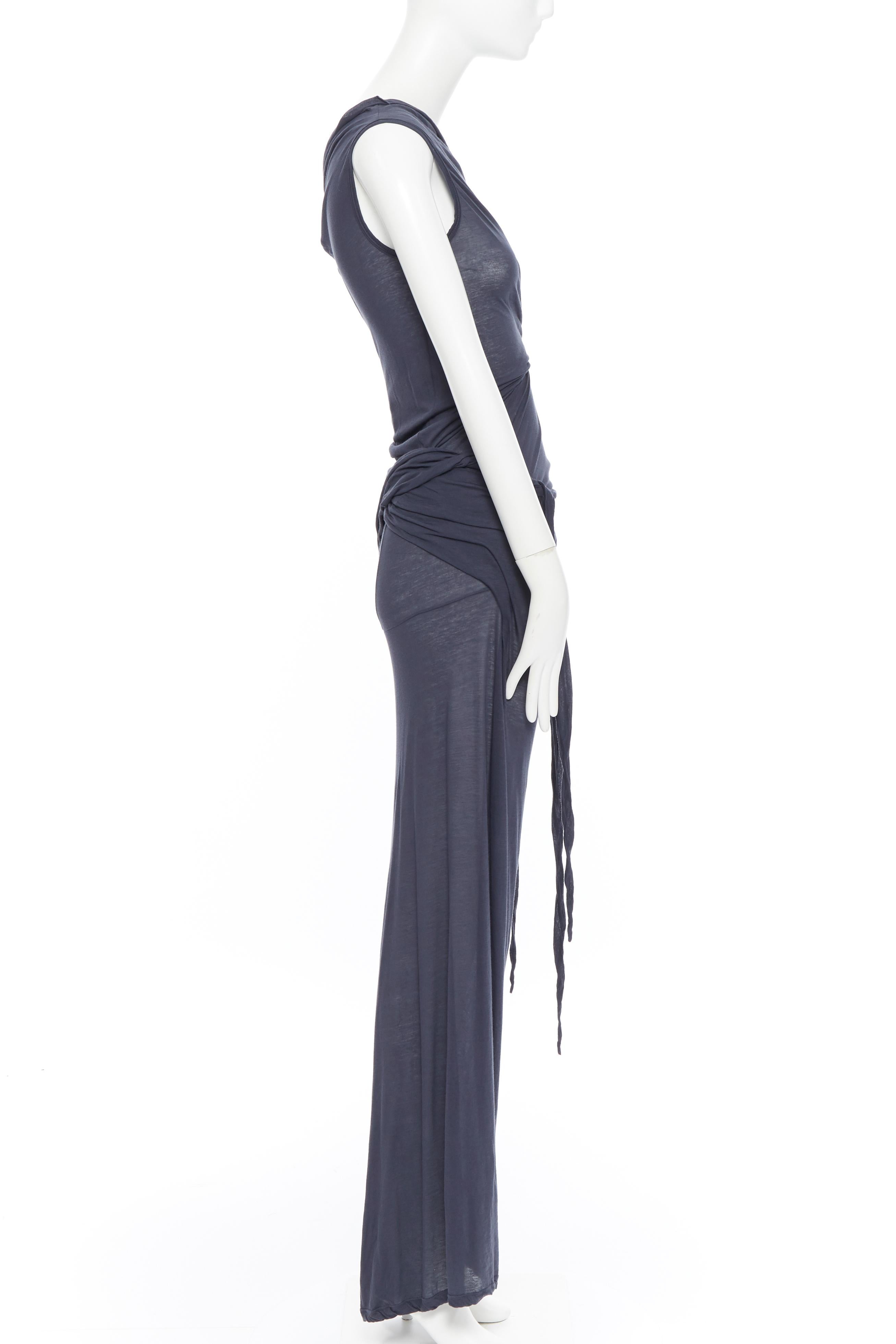 Black new DRKSHDW RICK OWENS navy grey cotton jersey tie knot drape bias maxi dress S