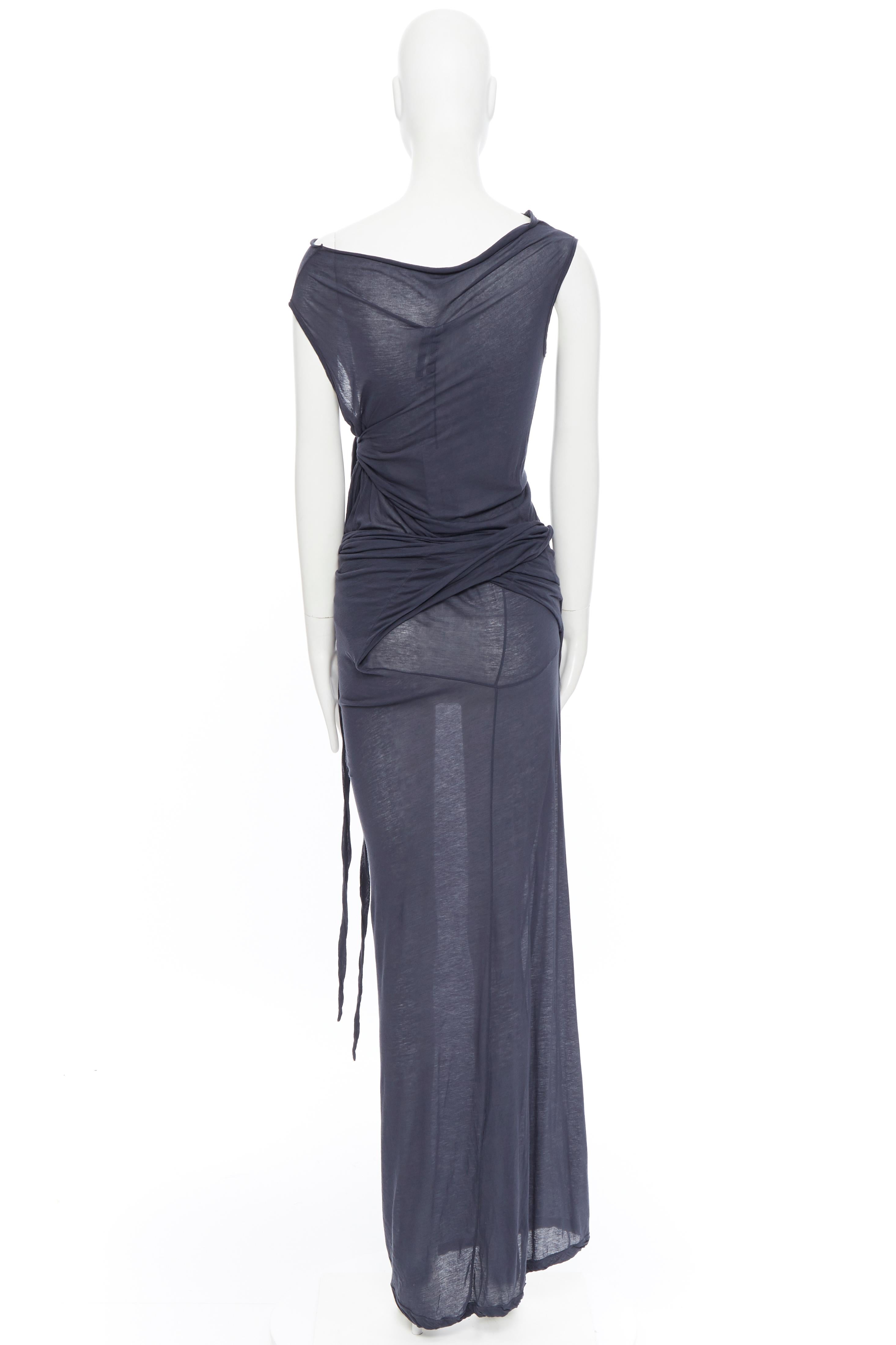 new DRKSHDW RICK OWENS navy grey cotton jersey tie knot drape bias maxi dress S In Excellent Condition In Hong Kong, NT