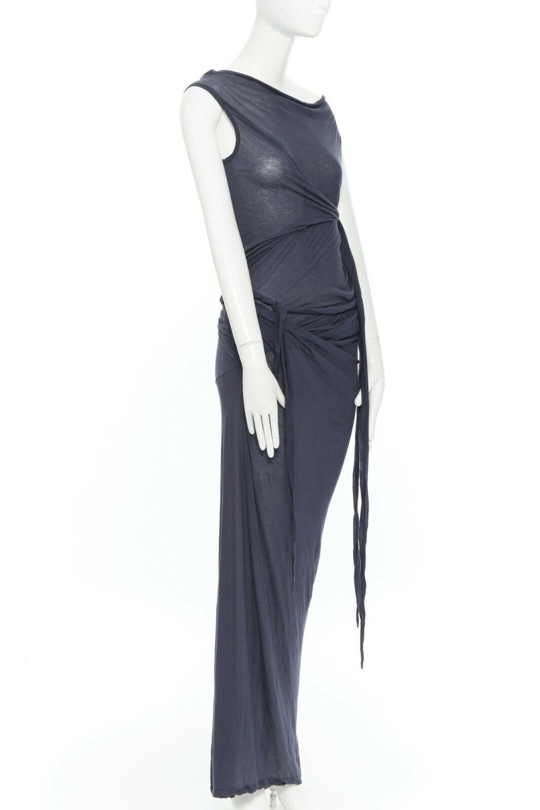 Black new DRKSHDW RICK OWENS navy grey cotton jersey tie knot drape bias maxi dress XS