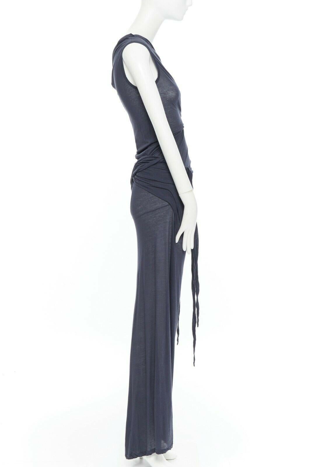 new DRKSHDW RICK OWENS navy grey cotton jersey tie knot drape bias maxi dress XS In Excellent Condition In Hong Kong, NT