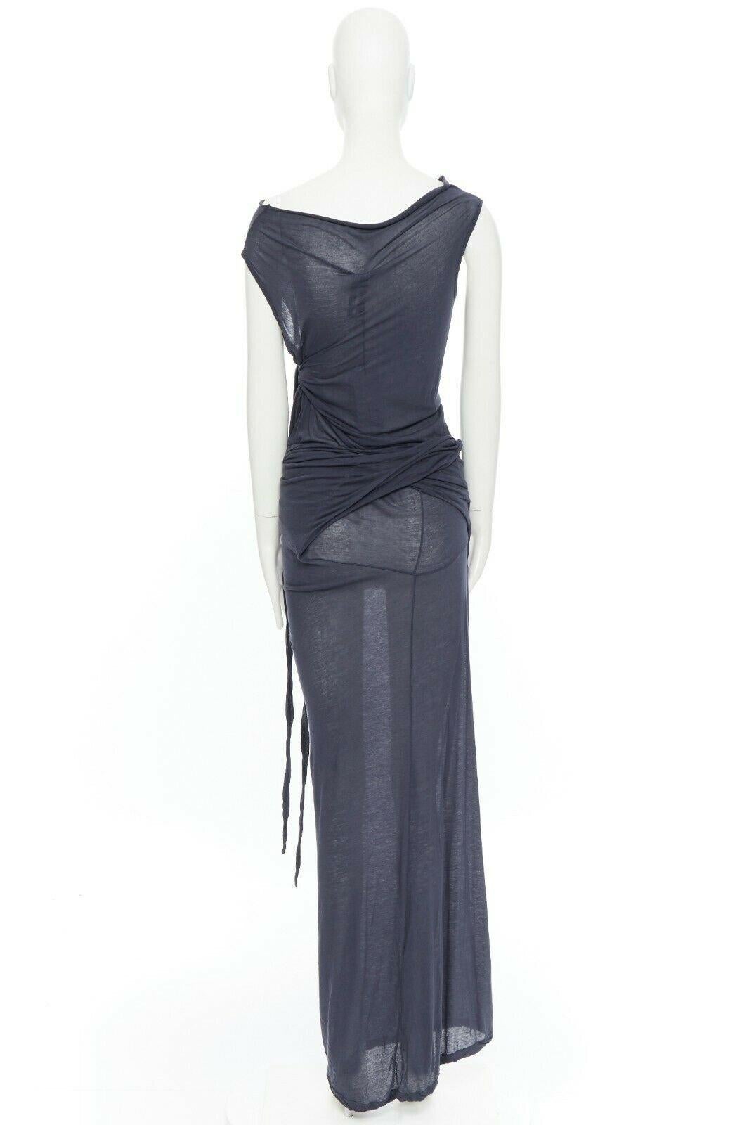 Women's new DRKSHDW RICK OWENS navy grey cotton jersey tie knot drape bias maxi dress XS
