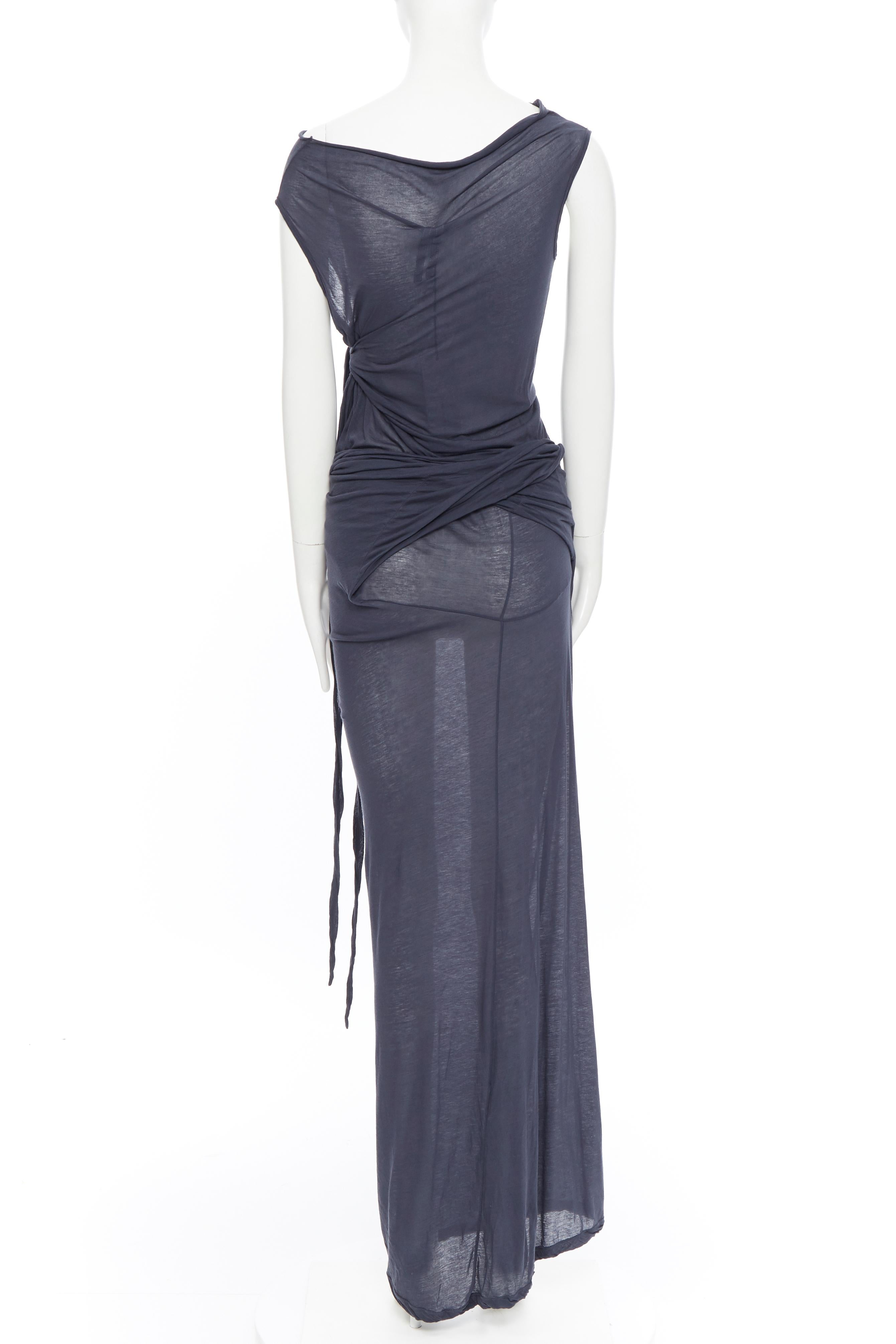 new DRKSHDW RICK OWENS navy grey cotton jersey tie knot drape bias maxi dress XS In Excellent Condition In Hong Kong, NT