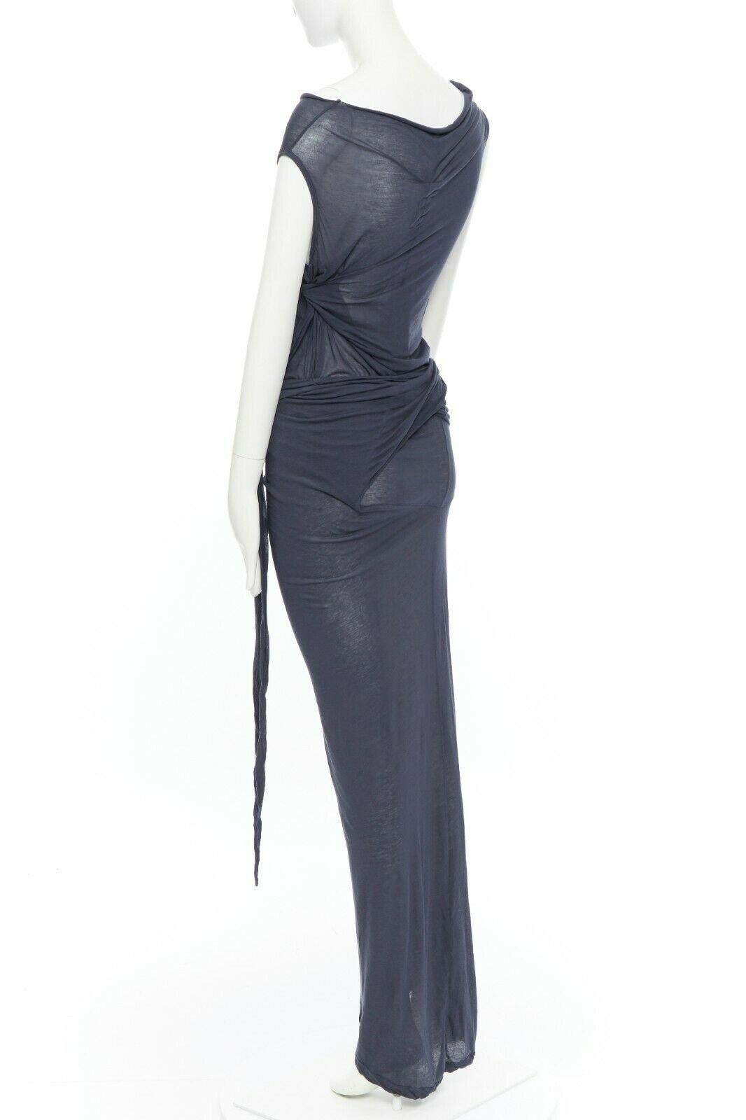 new DRKSHDW RICK OWENS navy grey cotton jersey tie knot drape bias maxi dress XS 2