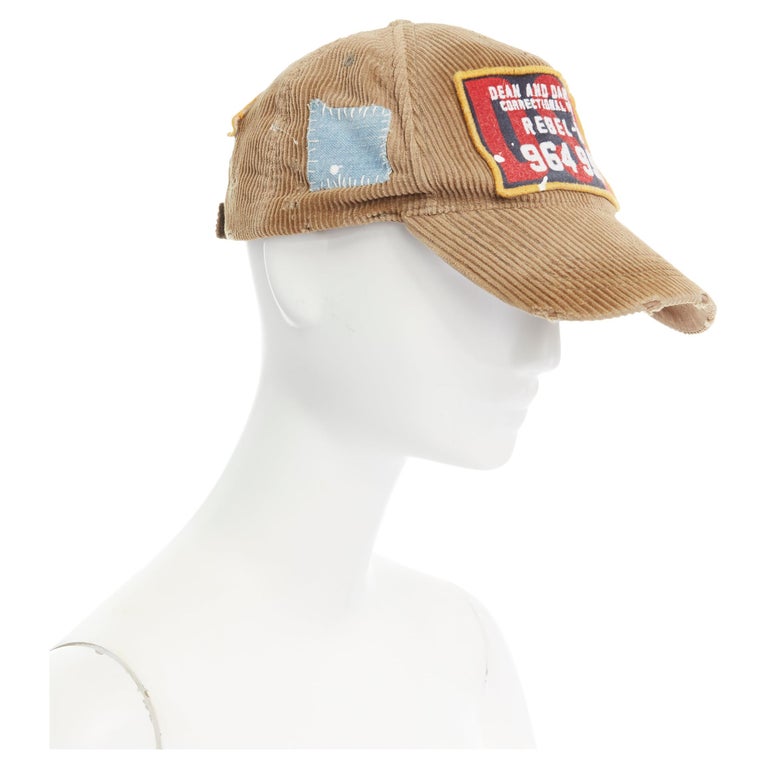 new DSQUARED brown corduroy denim patchwork distressed paint spot cap For  Sale at 1stDibs