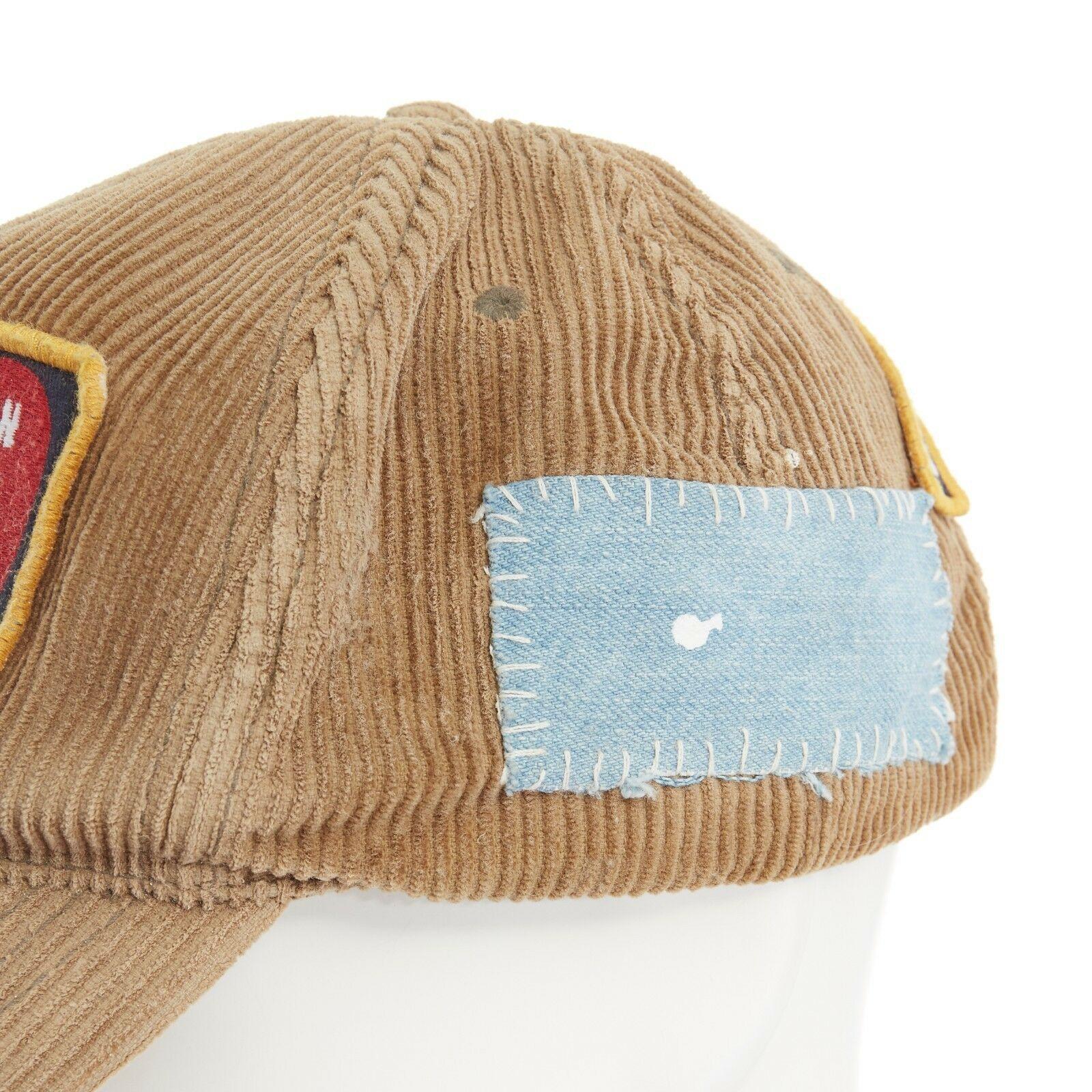 new DSQUARED2 D2 beige paint splattered logo badge distressed corduroy dad cap In Good Condition In Hong Kong, NT