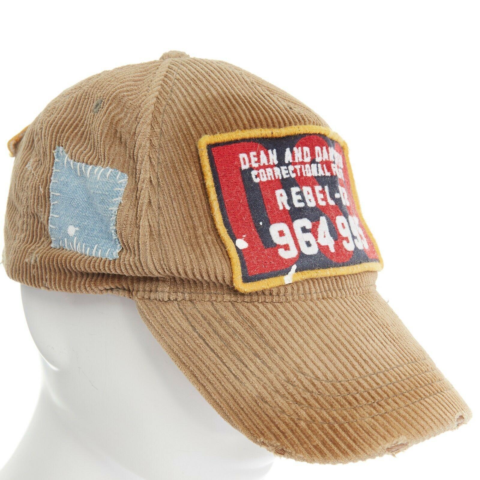 Men's new DSQUARED2 D2 beige paint splattered logo badge distressed corduroy dad cap