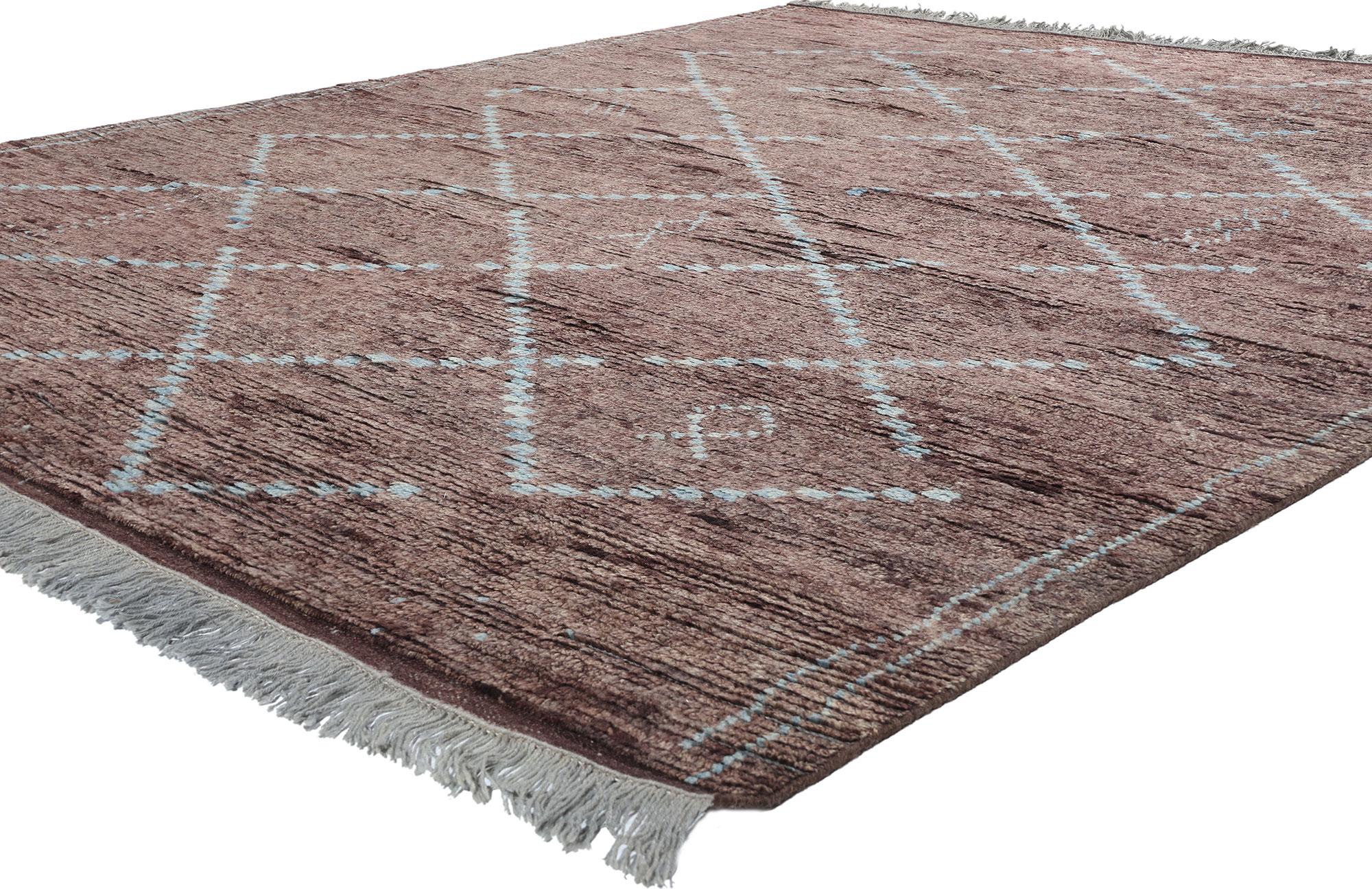 31200 Modern Aubergine Moroccan Trellis Rug, 08'06 x 10'00.
This hand-knotted wool modern tribal Moroccan rug is a stunning fusion of traditional craftsmanship and contemporary design, exuding an enchanting blend of earth-tone colors. The warm