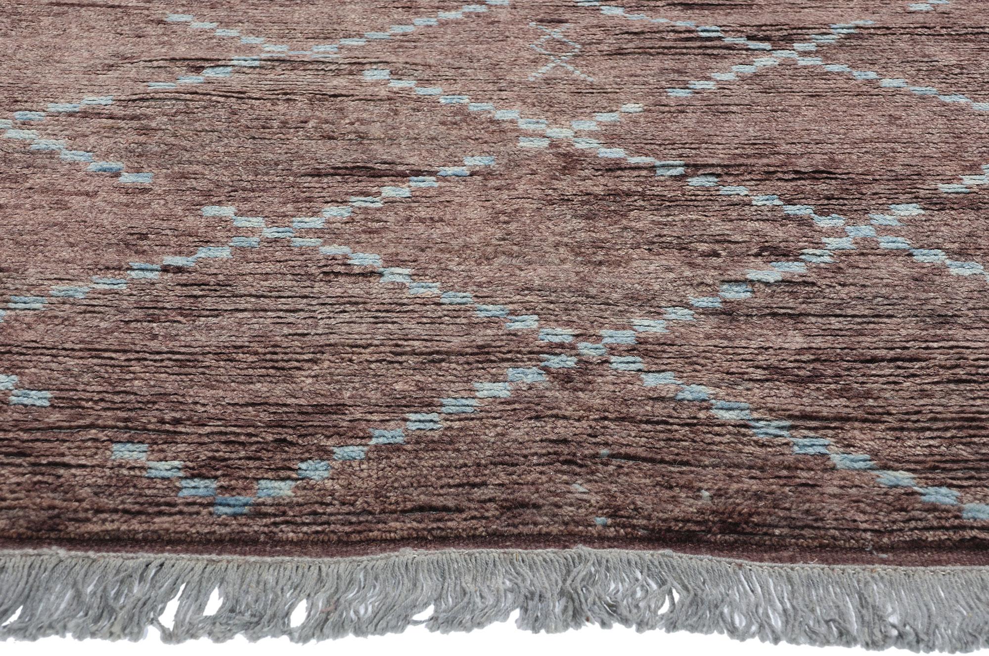 Indian New Earth-Tone Aubergine Diamonds Contemporary Moroccan Area Rug For Sale