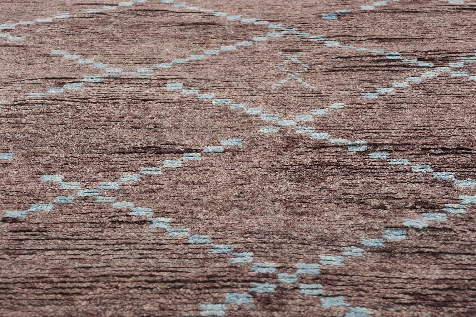 Hand-Knotted New Earth-Tone Aubergine Diamonds Contemporary Moroccan Area Rug For Sale
