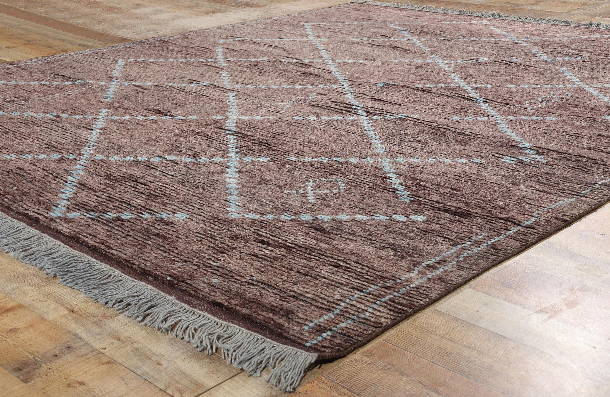Wool New Earth-Tone Aubergine Diamonds Contemporary Moroccan Area Rug For Sale