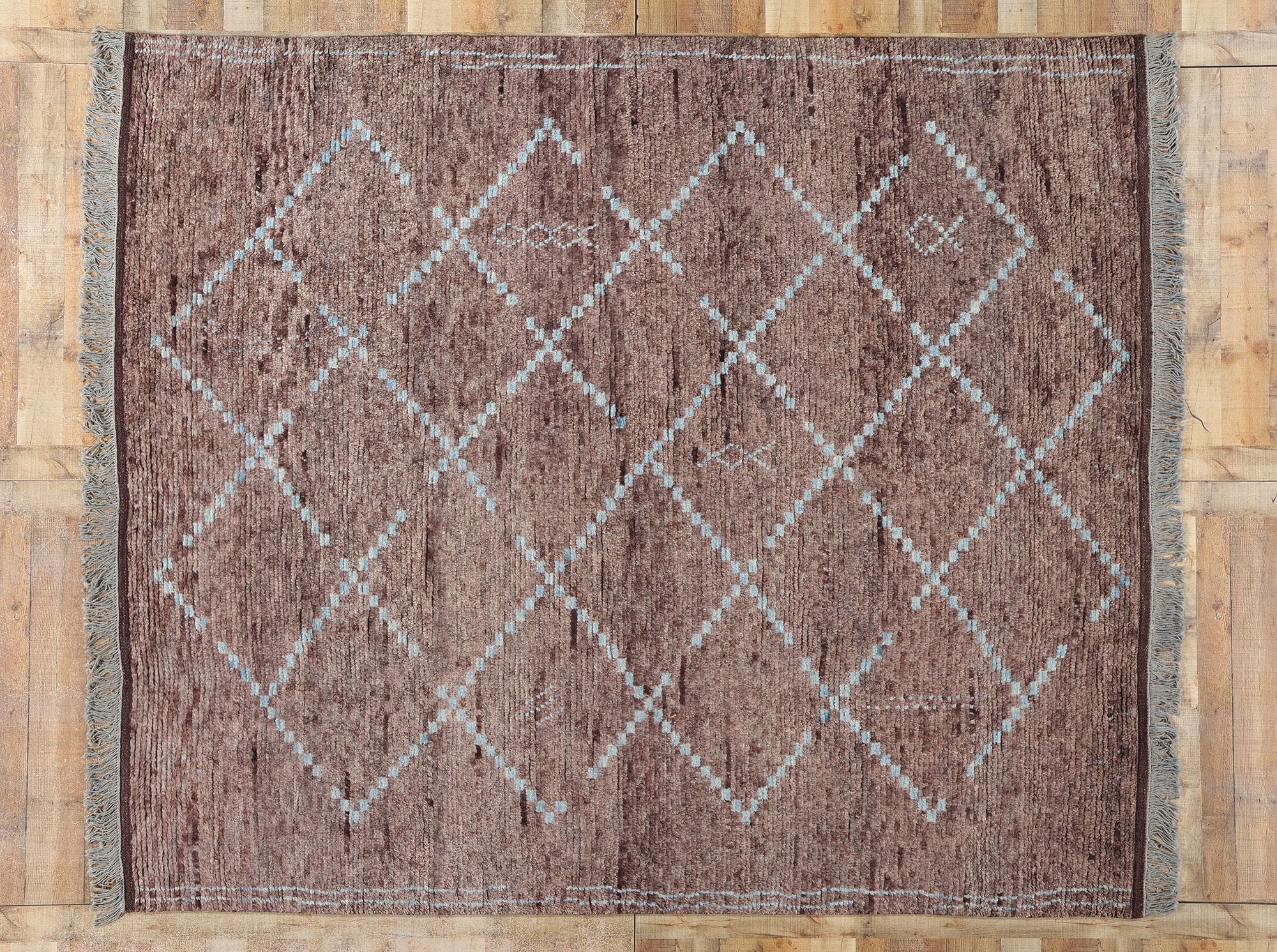 New Earth-Tone Aubergine Diamonds Contemporary Moroccan Area Rug For Sale 2