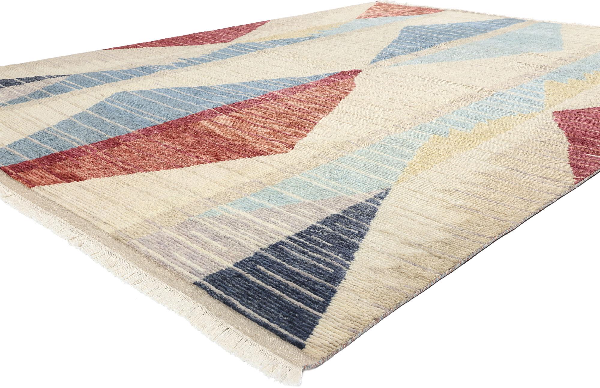 31328 Modern Tribal Moroccan Rug, 09'02 x 12'02. Indian Moroccan rugs artfully combine the elaborate patterns, geometric shapes, and captivating designs emblematic of Moroccan rug artistry. Crafted by hand in India, these rugs typically feature a
