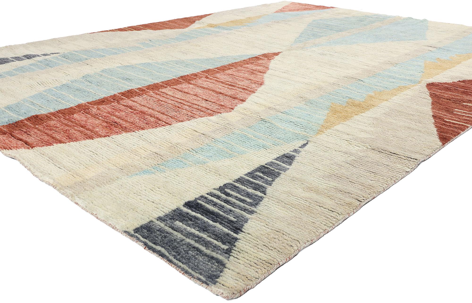 31192 Moderner marokkanischer Stammes-Teppich, 09'01 x 12'00. Indische marokkanische Teppiche kombinieren kunstvoll die kunstvollen Muster, geometrischen Formen und fesselnden Designs, die für die marokkanische Teppichkunst typisch sind. Diese in