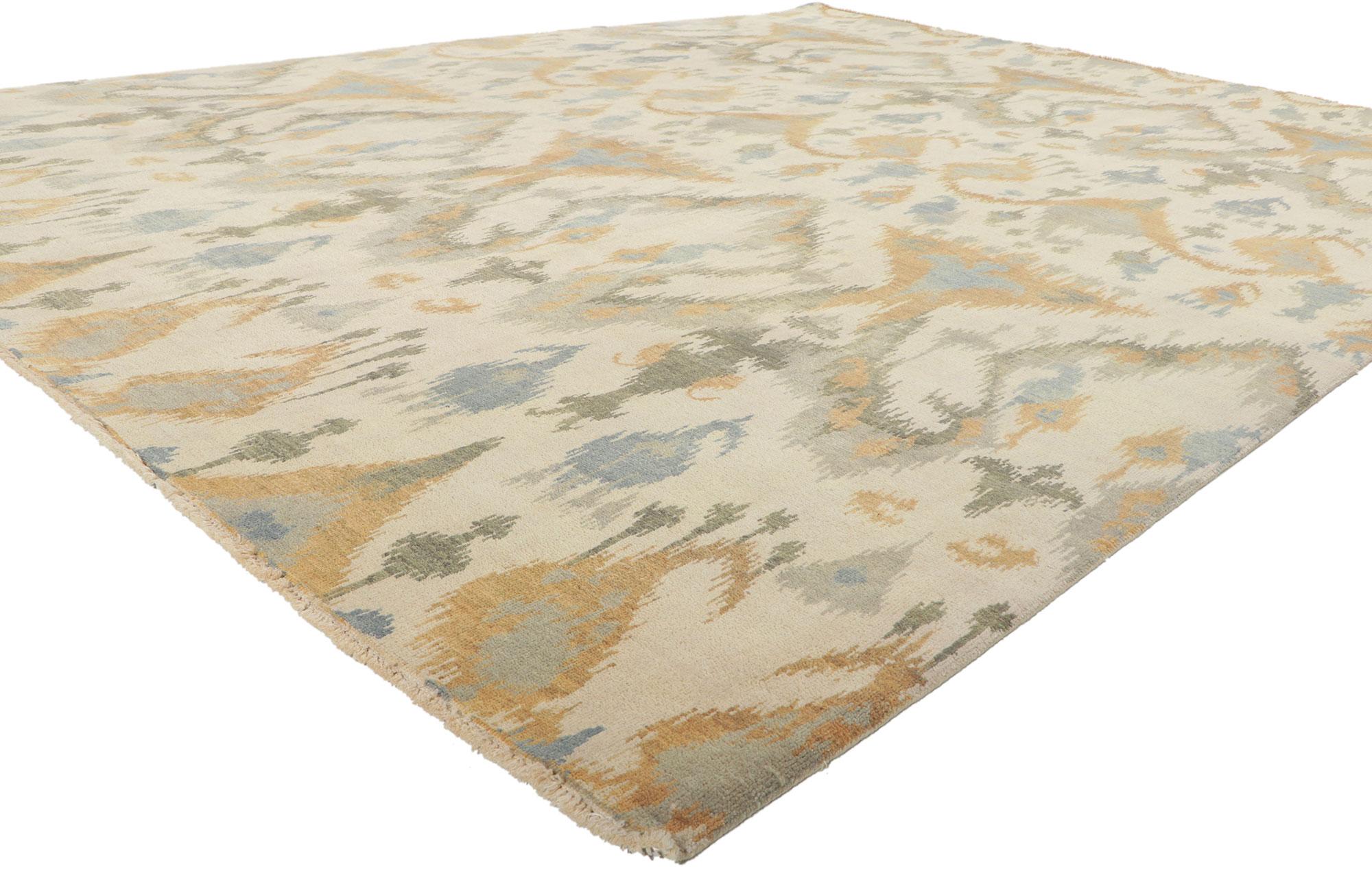 30045 New Transitional Ikat-Teppich, 08'01 x 10'04. Dieser handgeknüpfte Ikat-Teppich aus Wolle aus Indien besticht durch seine unglaubliche Detailtreue und Textur und ist eine faszinierende Vision gewebter Schönheit. Das auffällige Ikat-Muster und