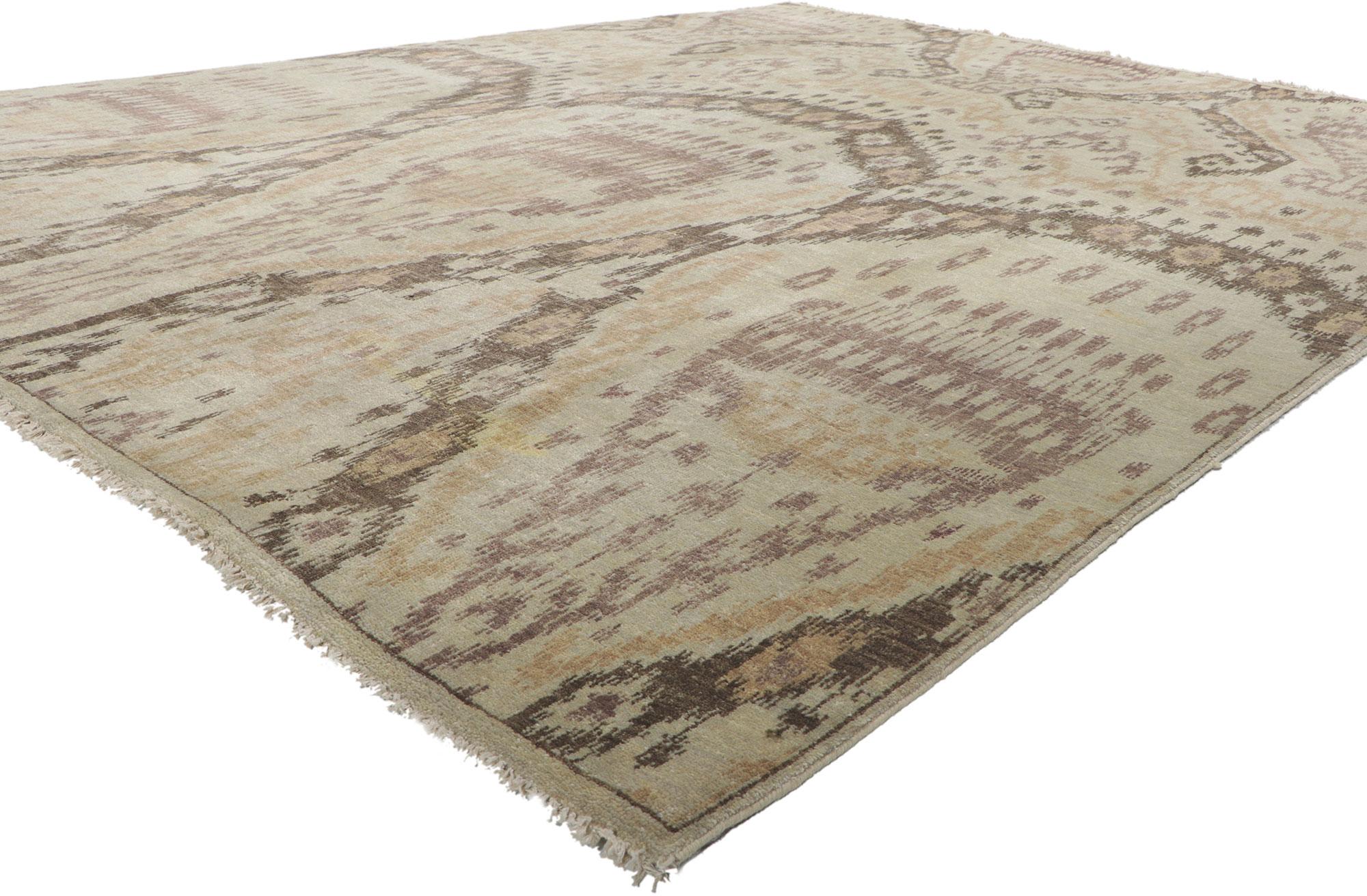 30046 New Transitional Ikat Rug, 07'09 x 10'00. With its incredible detail and texture, this hand knotted wool Ikat rug from India is a captivating vision of woven beauty. The eye-catching ikat design and earthy colorway woven into this piece work