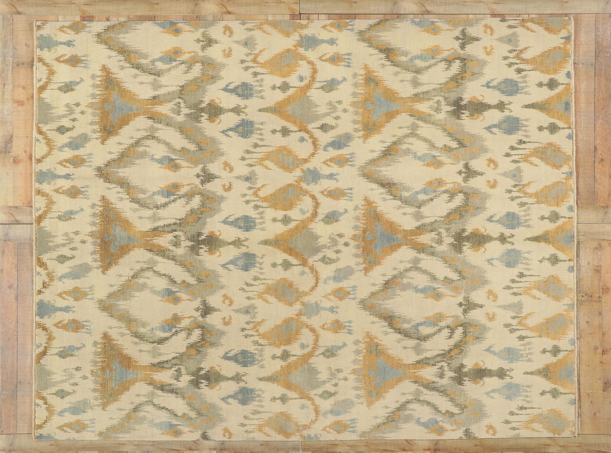 Neuer erdfarbener Ikat-Teppich im modernen Stil (Wolle) im Angebot