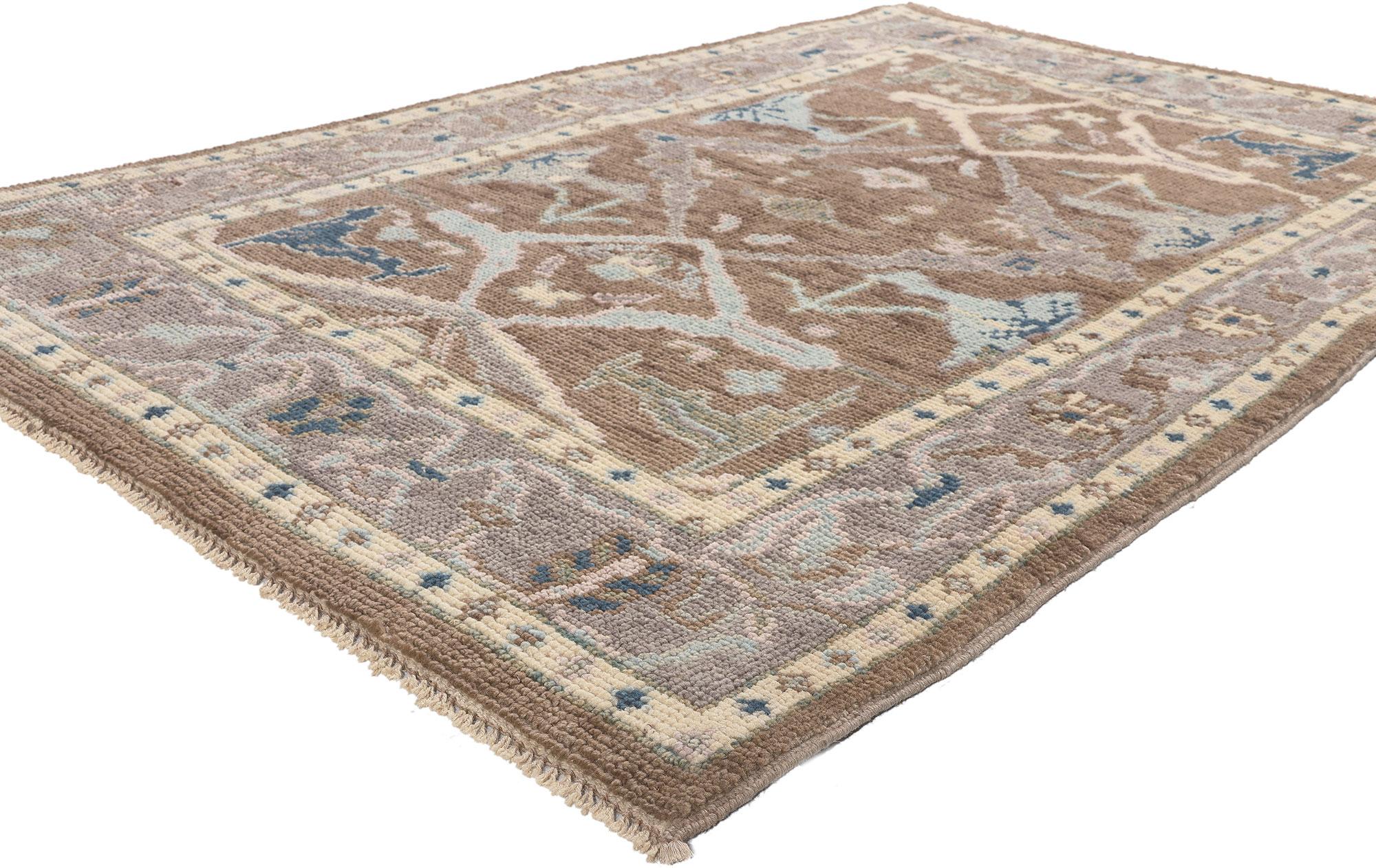 81003 Earth-Tone Modern Oushak Rug, 04'03 x 06'07.
Emanating timeless style with incredible detail and texture, this hand knotted wool modern Oushak rug is the answer to upscale design furnishings, whether generously or gingerly appointed. The