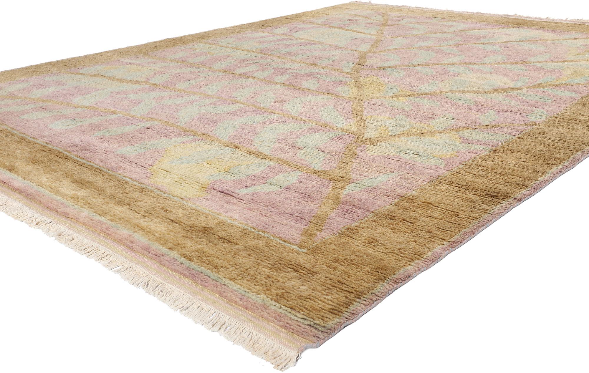31269 New Modern Biophilic Moroccan Rug, 09'01 x 12'00. Introducing the Modern Biophilic Moroccan Rug, an exquisite hand-knotted wool masterpiece that beautifully marries the essence of nature with contemporary design. The composition features an