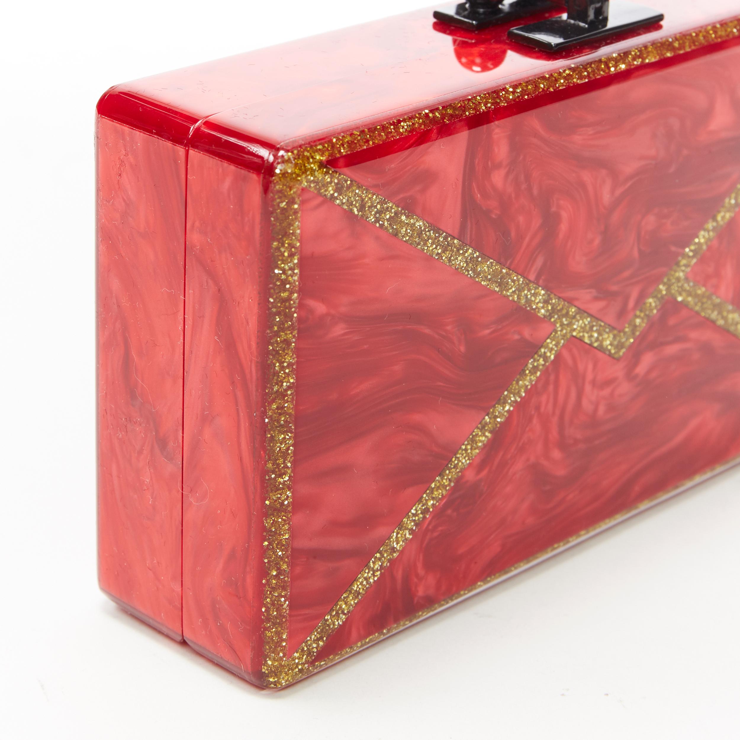 new EDIE PARKER Jean red gold glitter envelope rectangular box clutch bag In New Condition In Hong Kong, NT