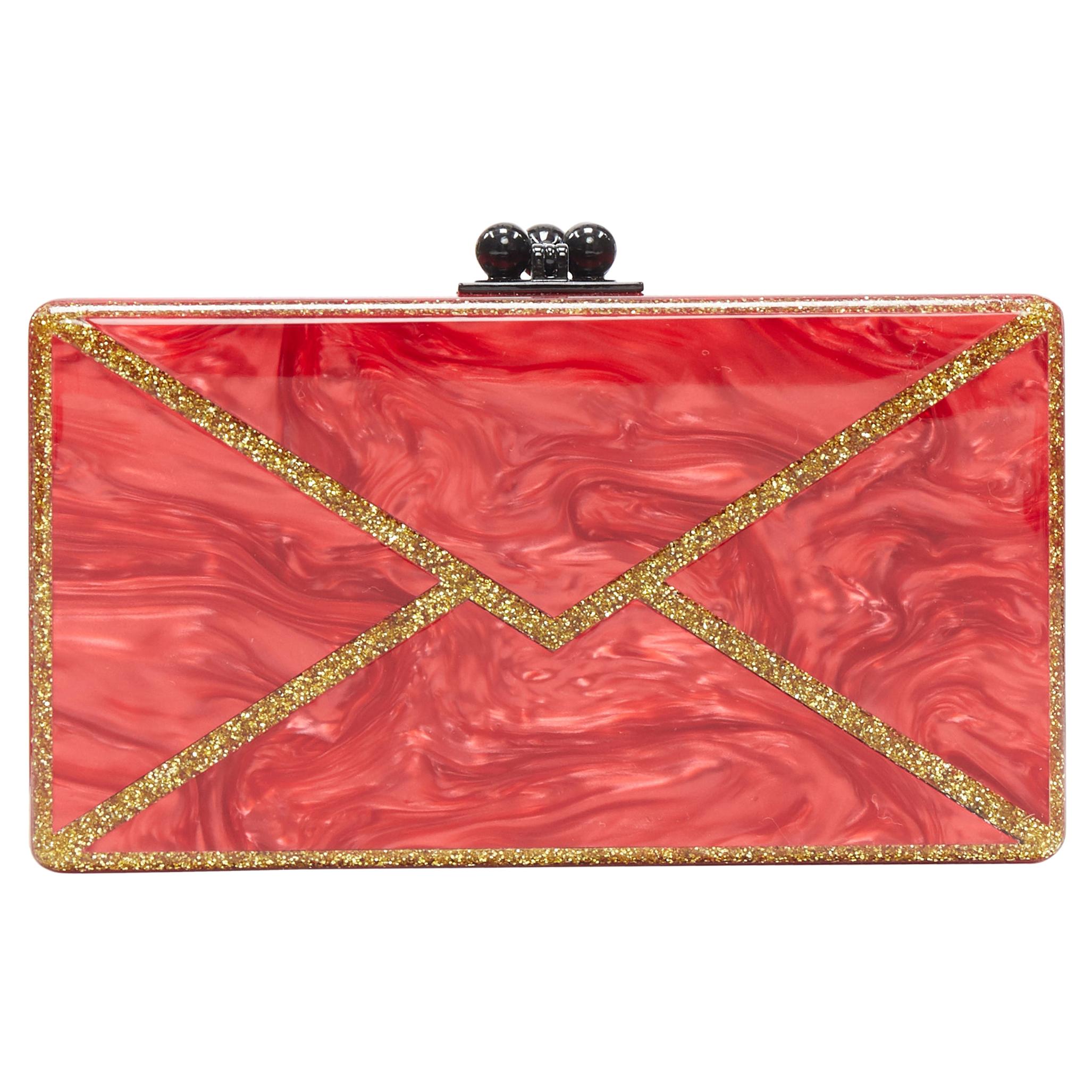 new EDIE PARKER Jean red gold glitter envelope rectangular box clutch bag