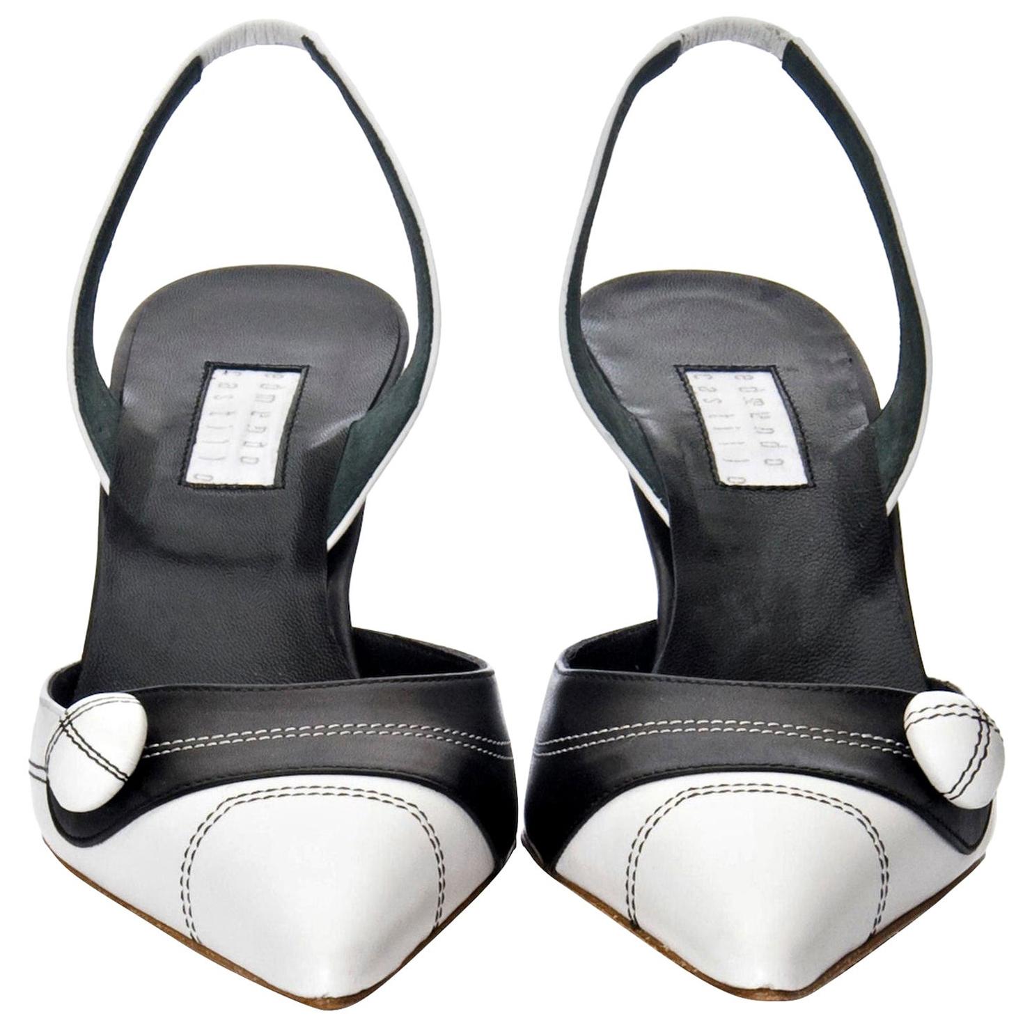New Edmundo Castillo Black & White Leather Slingback Heels Sz 7