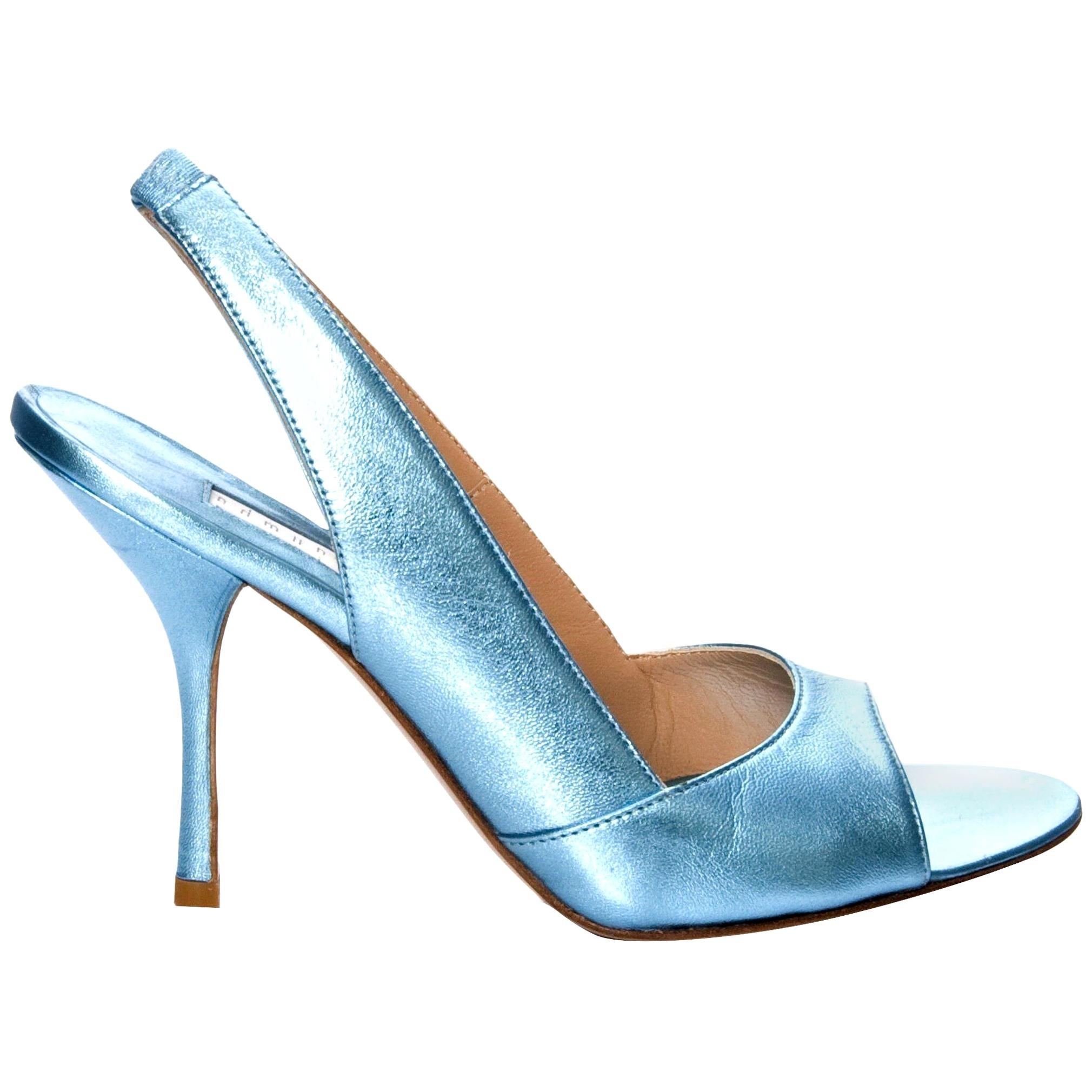 New Edmundo Castillo Blue Metallic Napa Leather Sling Heels Sz 6.5