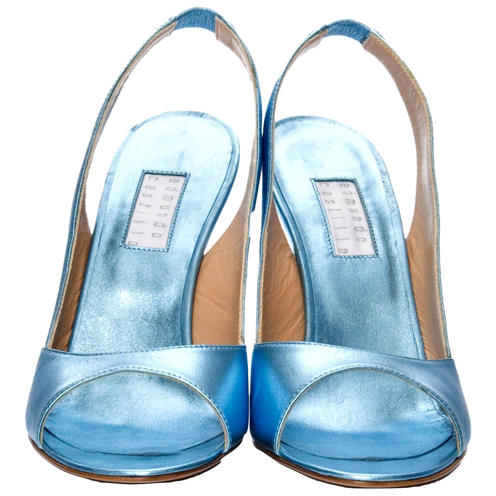 New Edmundo Castillo Blue Metallic Napa Leather Sling Heels Sz 8