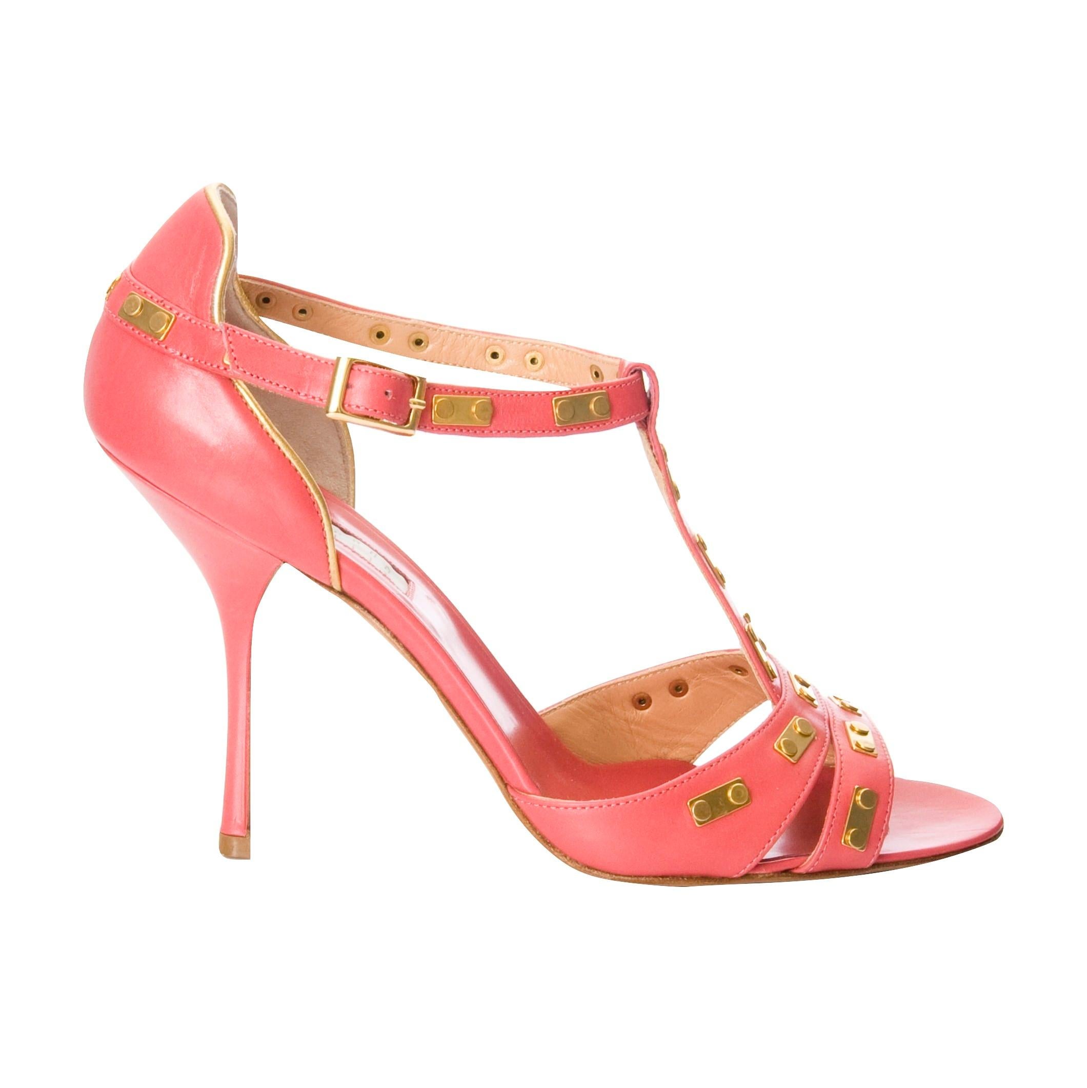 New Edmundo Castillo Coral Leather and Gold Metal Heels Sz 8 In condizioni Nuovo in vendita a Ashburn, VA