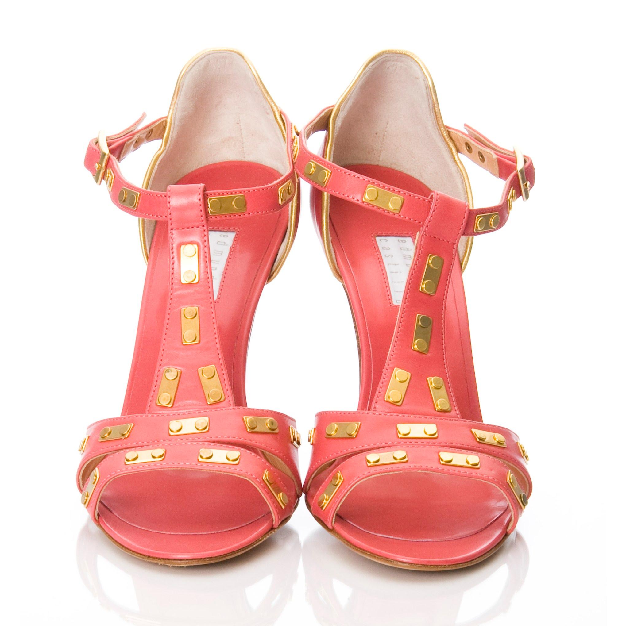 New Edmundo Castillo Coral Leather and Gold Metal Heels Sz 8 in vendita 2