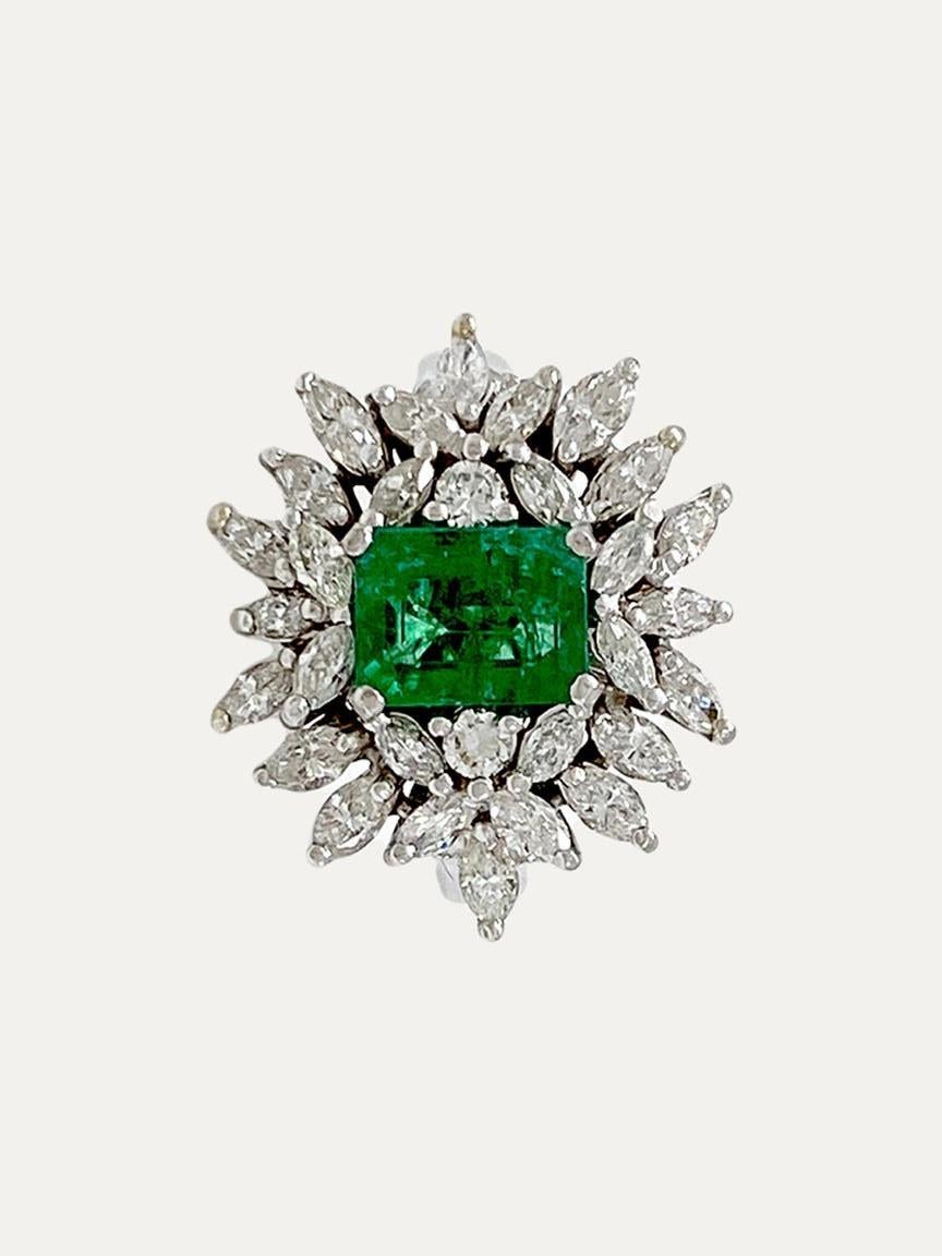 
19.2 kt – 800 ‰ white gold ring with 1 rectangular emerald surrounded by 28 marquise cut diamonds and 2 brilliant cut diamonds. Emerald measurements: 7.02 mm x 5.33 mm.