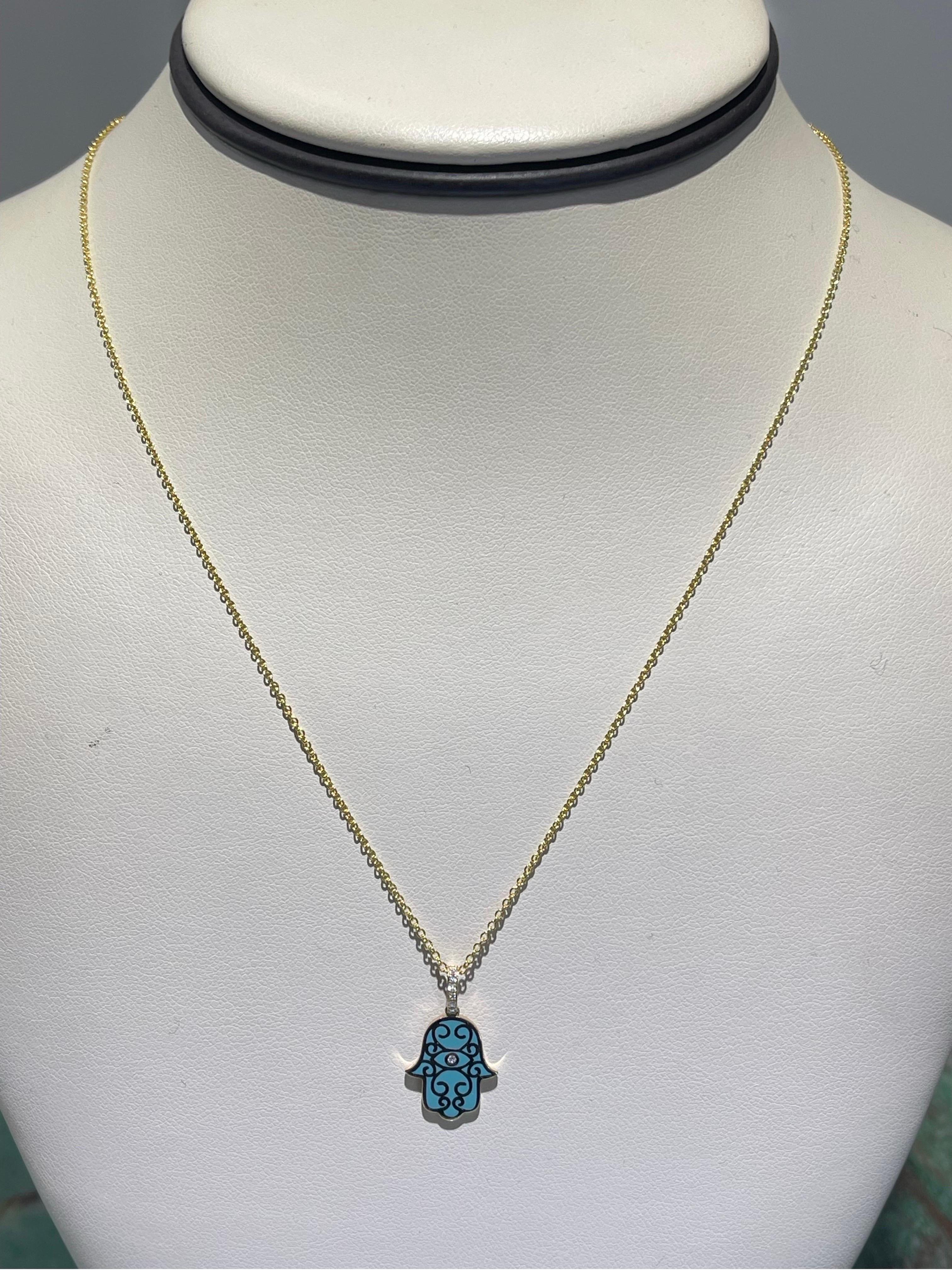 Beautiful Effy Hamsa Diamond and Enamel Necklace in 14k Yellow Gold.

Adjustable length 16” or 18”.

The necklace feature a beautiful enamel work and a sparkling diamond accents that adds the right amount of glamour.

The necklace is brand new and