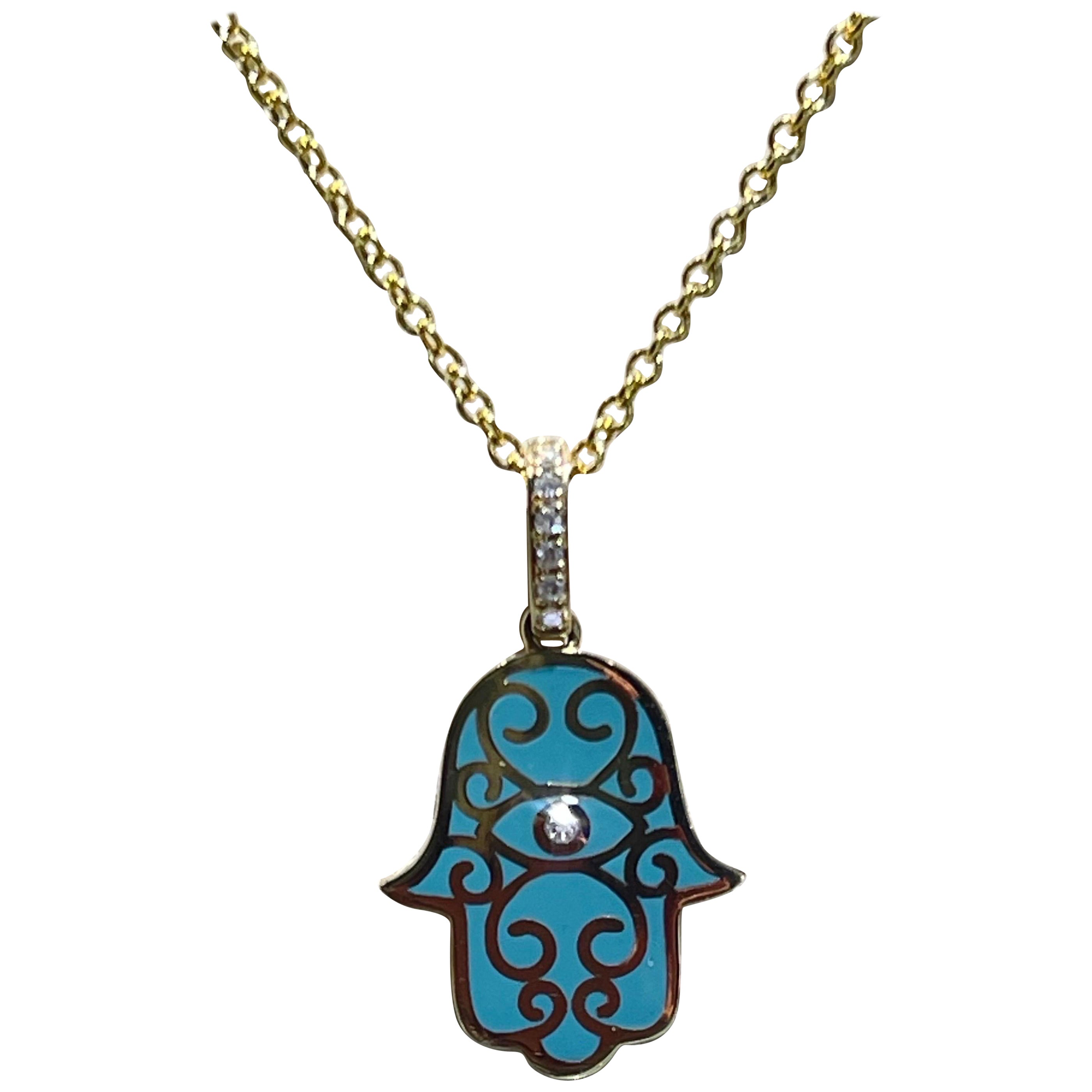 Neu Effy Hamsa Diamant- und Emaille-Halskette in 14k mit Diamanten im Angebot