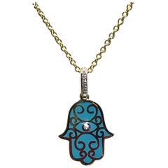 Neu Effy Hamsa Diamant- und Emaille-Halskette in 14k mit Diamanten