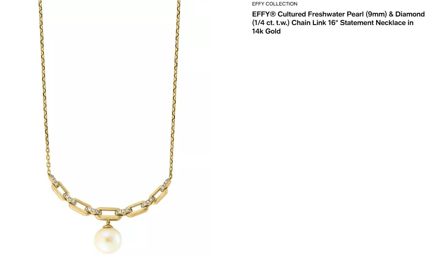 Round Cut New / Effy Pearl and Diamond Paperclip Chain Necklace / 14k For Sale