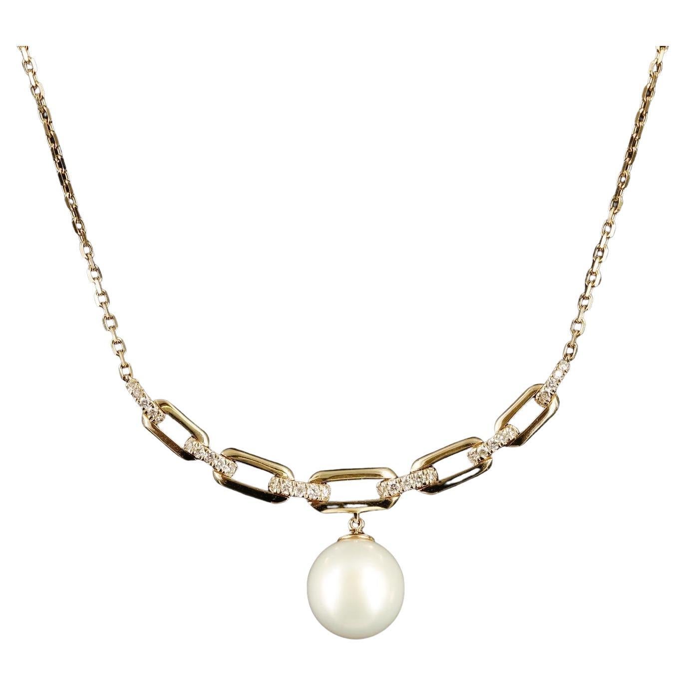 New / Effy Pearl and Diamond Paperclip Chain Necklace / 14k For Sale
