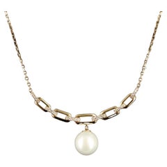 New / Effy Pearl and Diamond Paperclip Chain Necklace / 14k