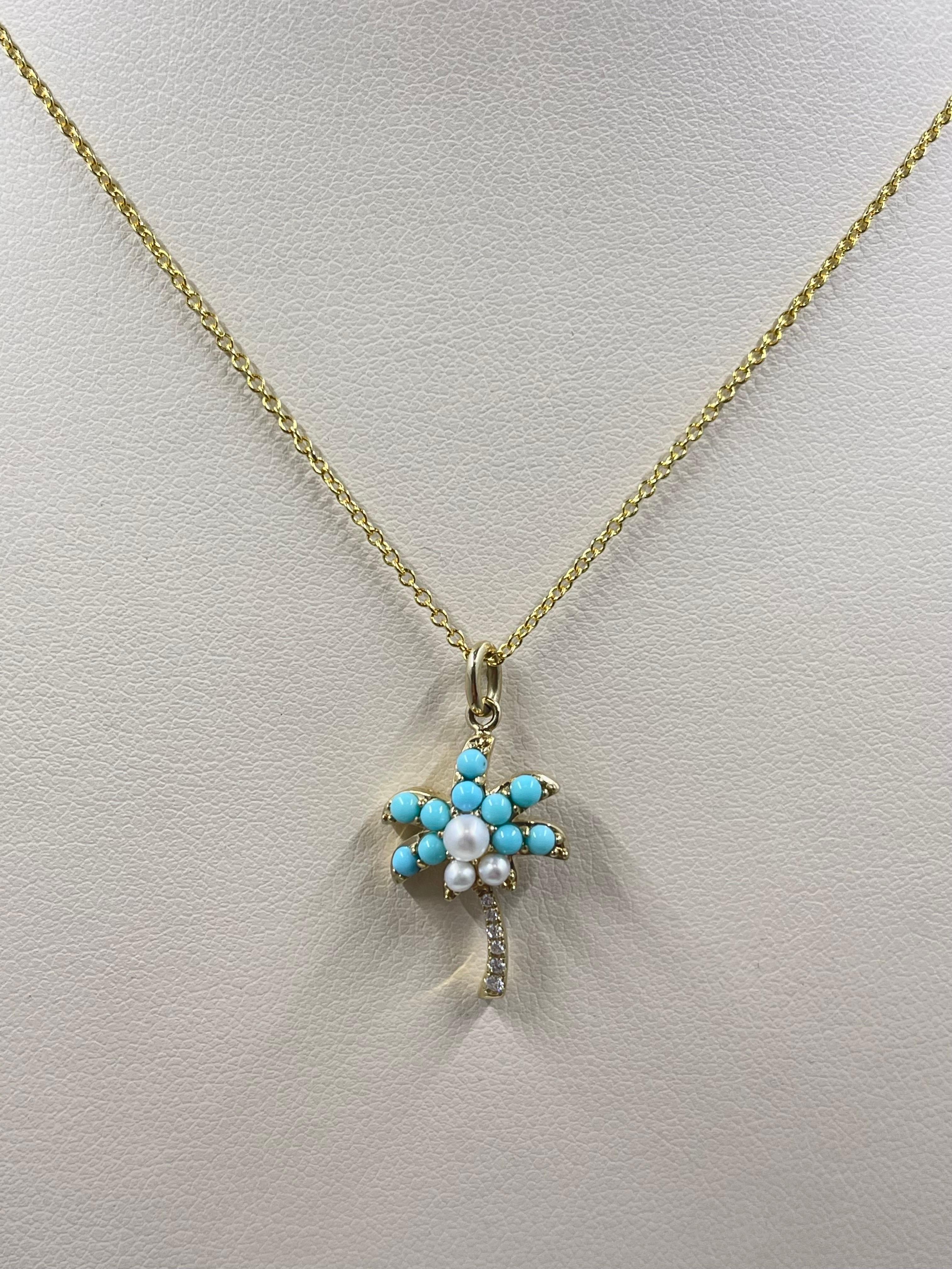 New Effy Turquoise, Pearl & Diamond Palm Tree Necklace In 14k.

Length is adjustable 16” or 18”