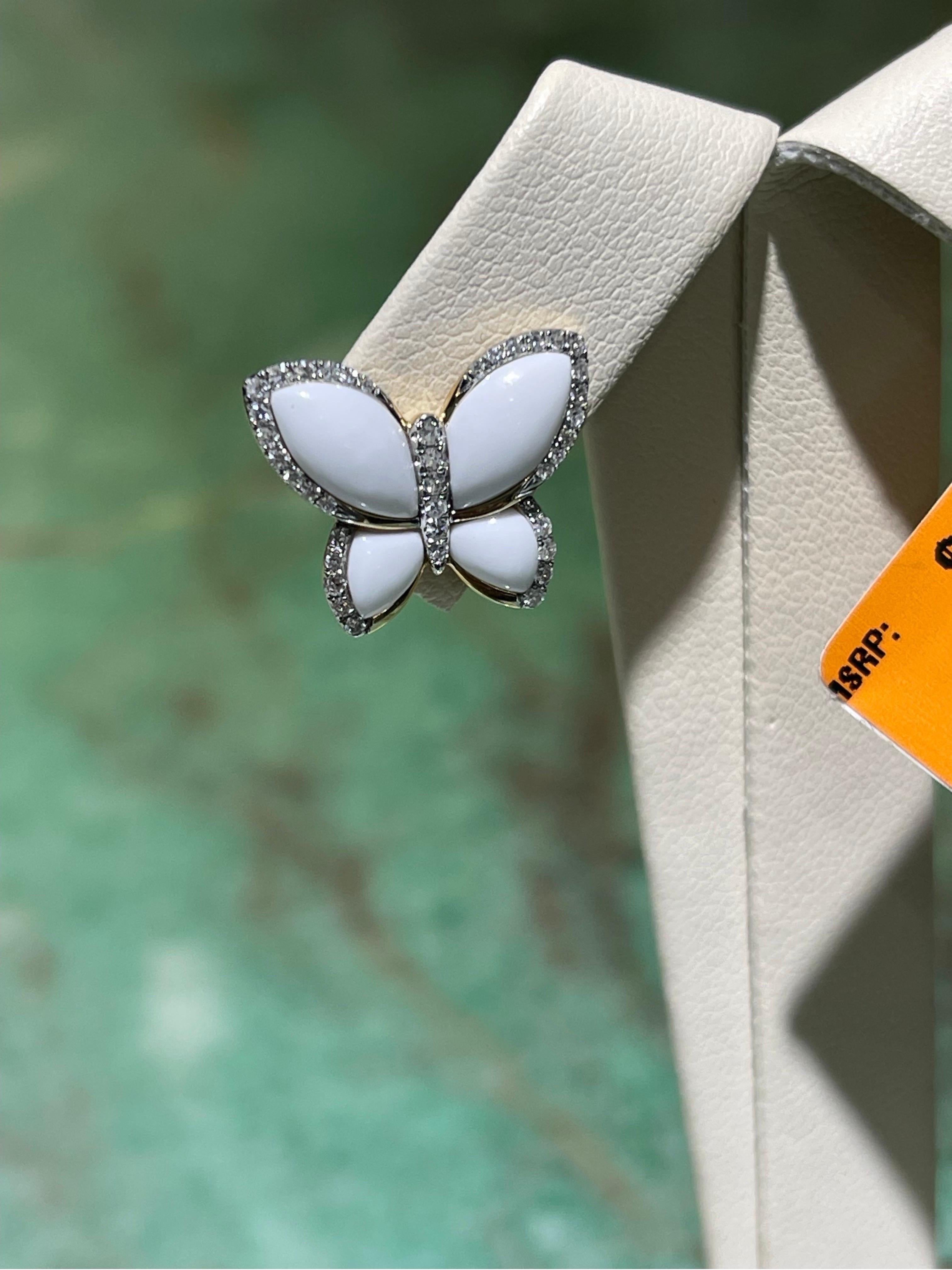 Gorgeous Effy butterfly earrings in 14k. New, with tag.

Beautiful white agate accompanied by clean diamond accents. Perfect for any occasion, these earrings are sure to make a statement and become a staple in your collection.

Width is