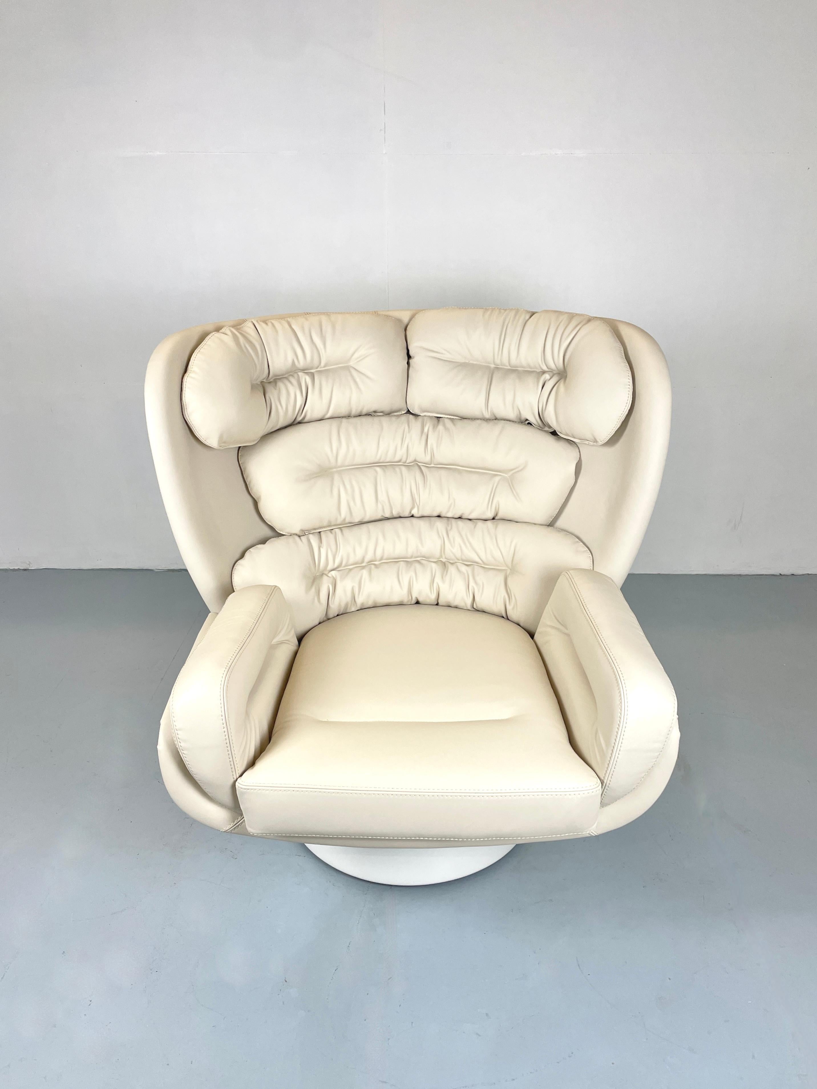 In 1964, Joe Colombo designed the Elda fibreglass armchair for Comfort - it has been produced unchanged in Italy ever since. 

We have currently Elda chairs in stock. They are immediately available. They come with original certificate and box.