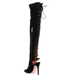 New Elisabetta Franchi Snake Embellished Black Suede Leather Over Knee Boots 36
