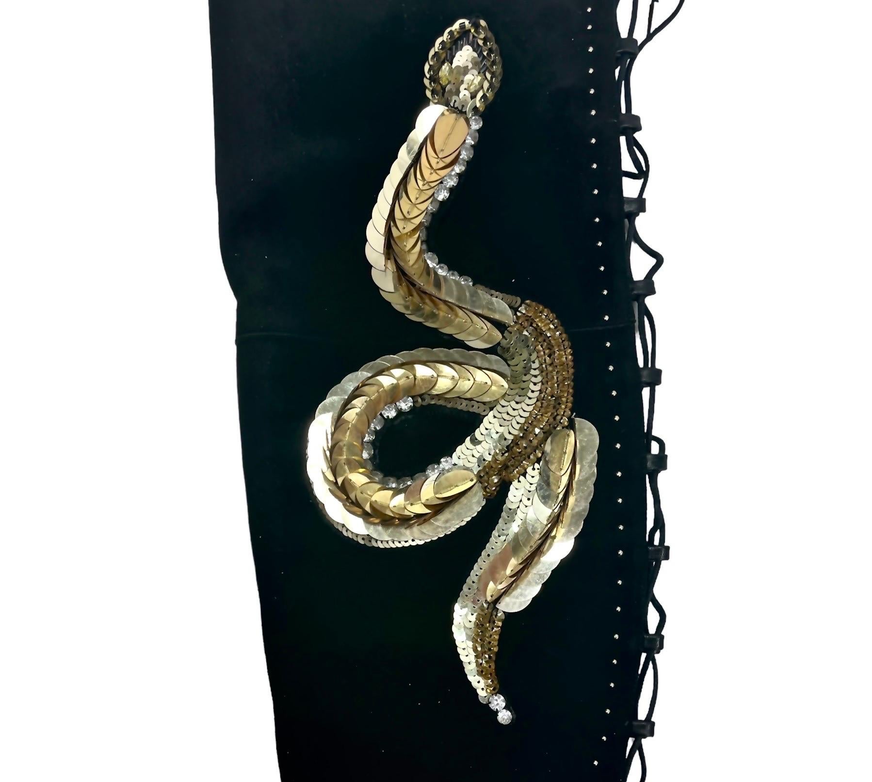 New Elisabetta Franchi Snake Embellished Black Suede Leather Over Knee Boots 36  In New Condition For Sale In Montgomery, TX