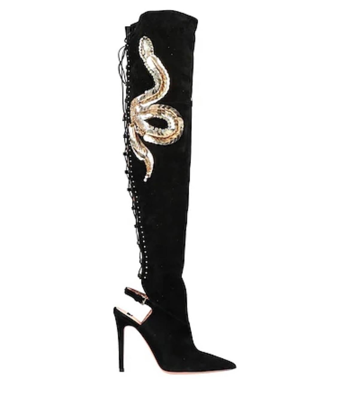 New Elisabetta Franchi Snake Embellished Black Suede Leather Over Knee Boots 36  en vente