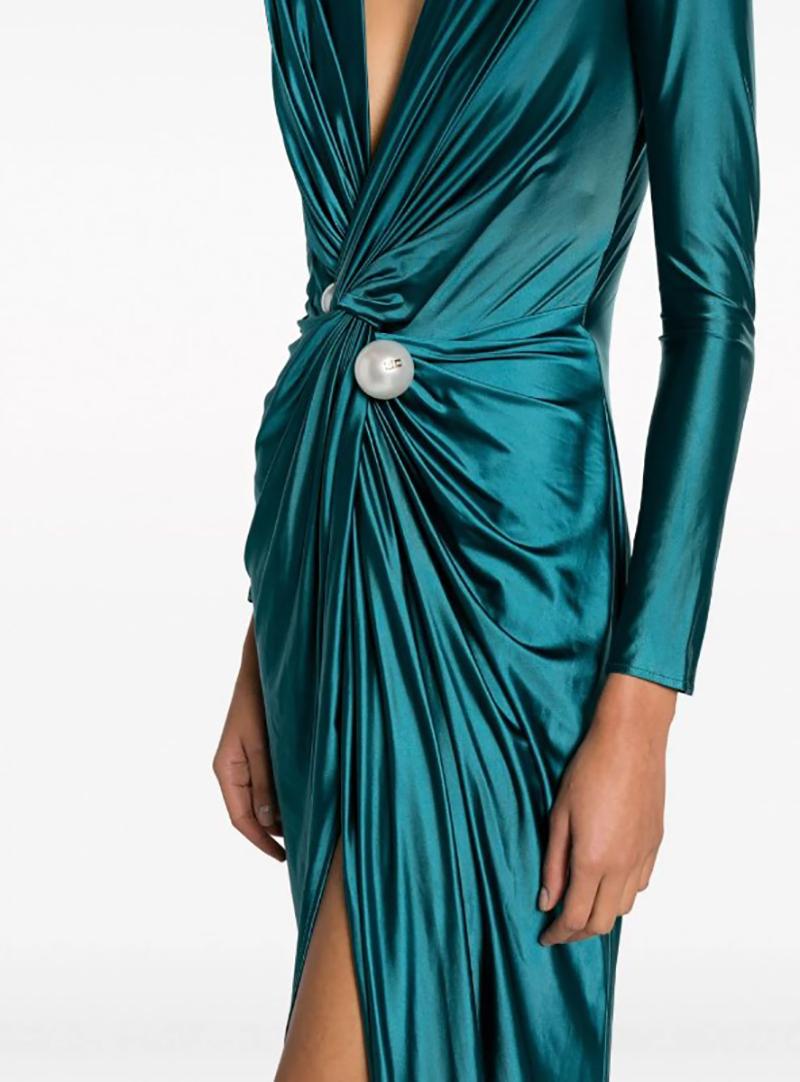 NEW ELISABETTA FRANCHI TEAL BLUE DRESS with PEARL EMBELLISHMENT IT 40 For Sale 1