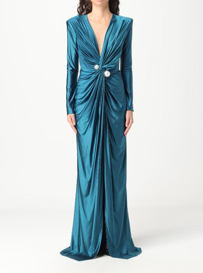 NEW ELISABETTA FRANCHI TEAL BLUE DRESS with PEARL EMBELLISHMENT IT 40 For Sale 2