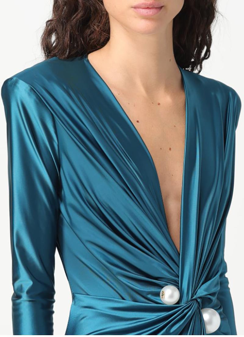 NEW ELISABETTA FRANCHI TEAL BLUE DRESS with PEARL EMBELLISHMENT IT 40 For Sale 4