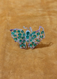 New Emerald, Diamond and Ruby Butterfly Brooch in 18 Karat White Gold