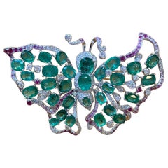 New Emerald, Diamond and Ruby Butterfly Brooch in 18 Karat White Gold