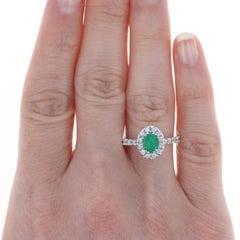 New Emerald & Diamond Halo Ring, 14k White Gold Oval 1.21ctw