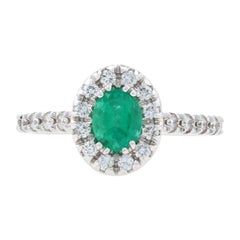 New Emerald & Diamond Halo Ring, 14k White Gold Oval 1.21ctw