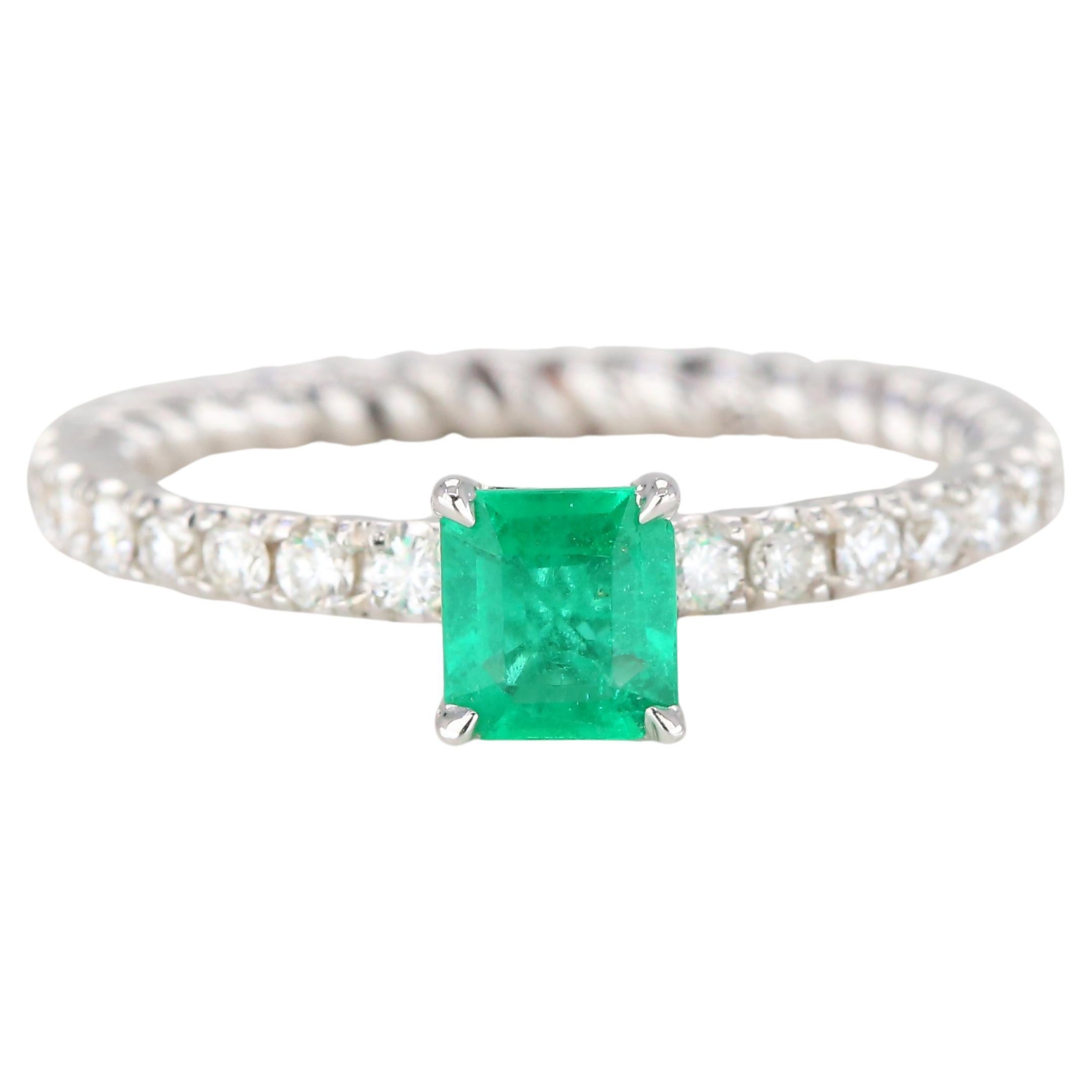 Emerald Engagement and Dainty Ring with Pave Diamond Setting Rings For Sale